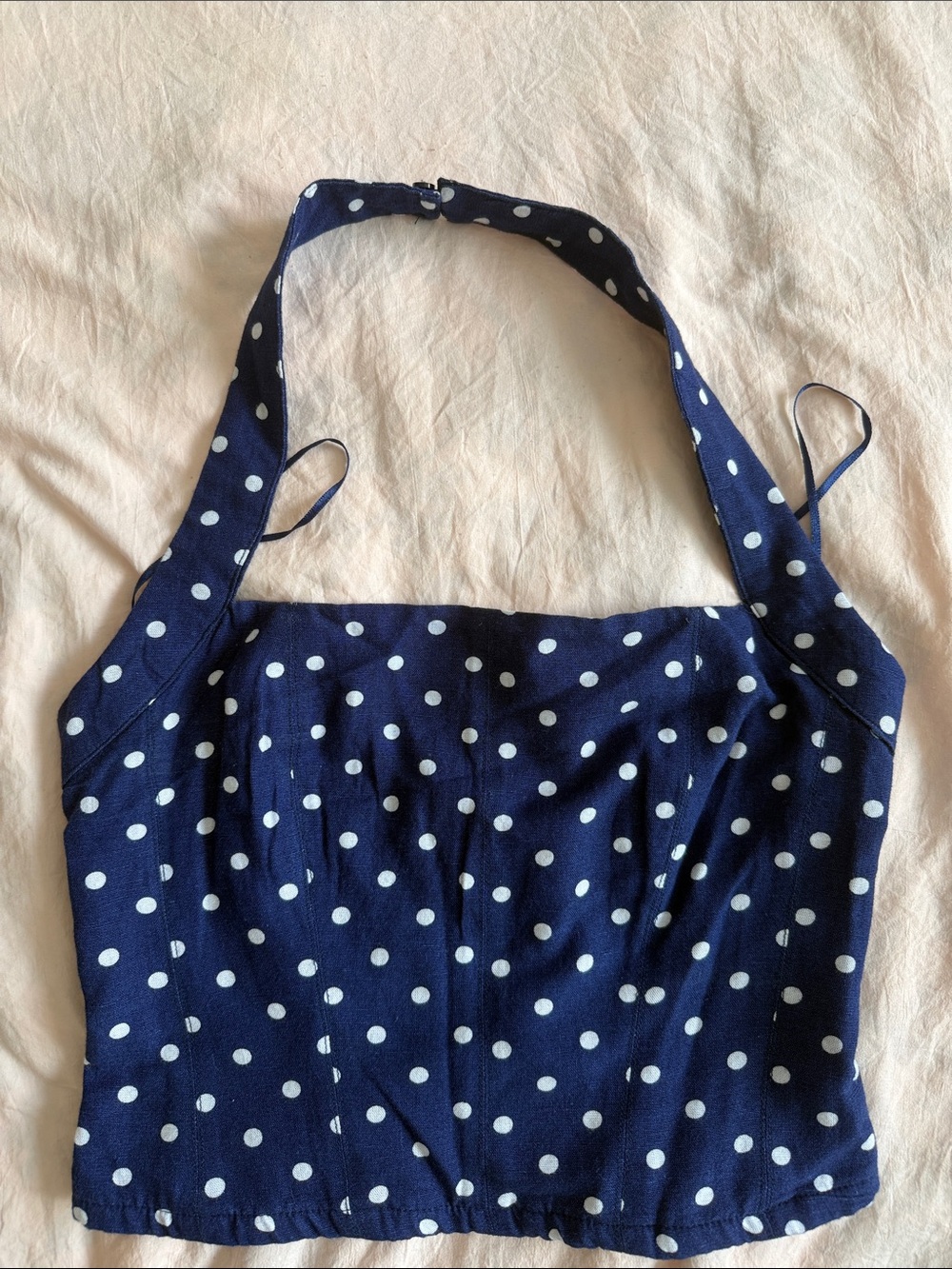 Japna navy blue and white polka dot halter top